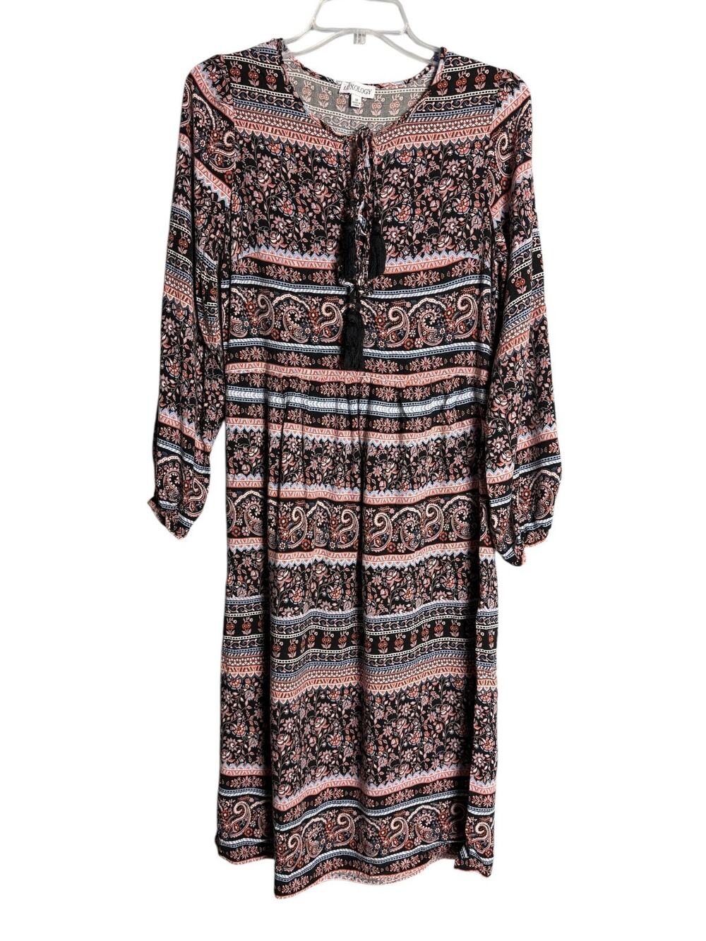 LUXOLOGY Women Medium Black Red Paisley Geometric Print Midi Dress Long Sleeve